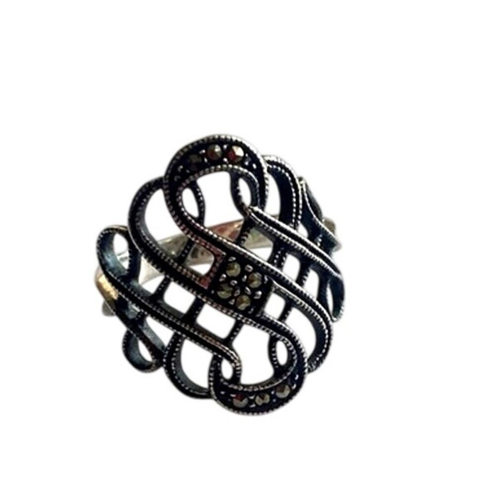 Vintage Sterling Silver 925 Marcasite Openwork Lattice Statement Ring Size 8